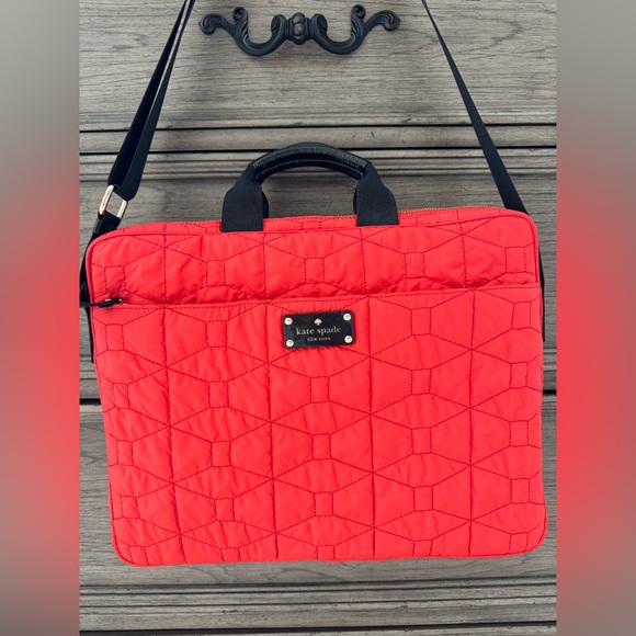 Kate Spade Quilted Bag EUC Signature Spade Quilted Chad Laptop Bag Red Orange - Picture 3 of 17
